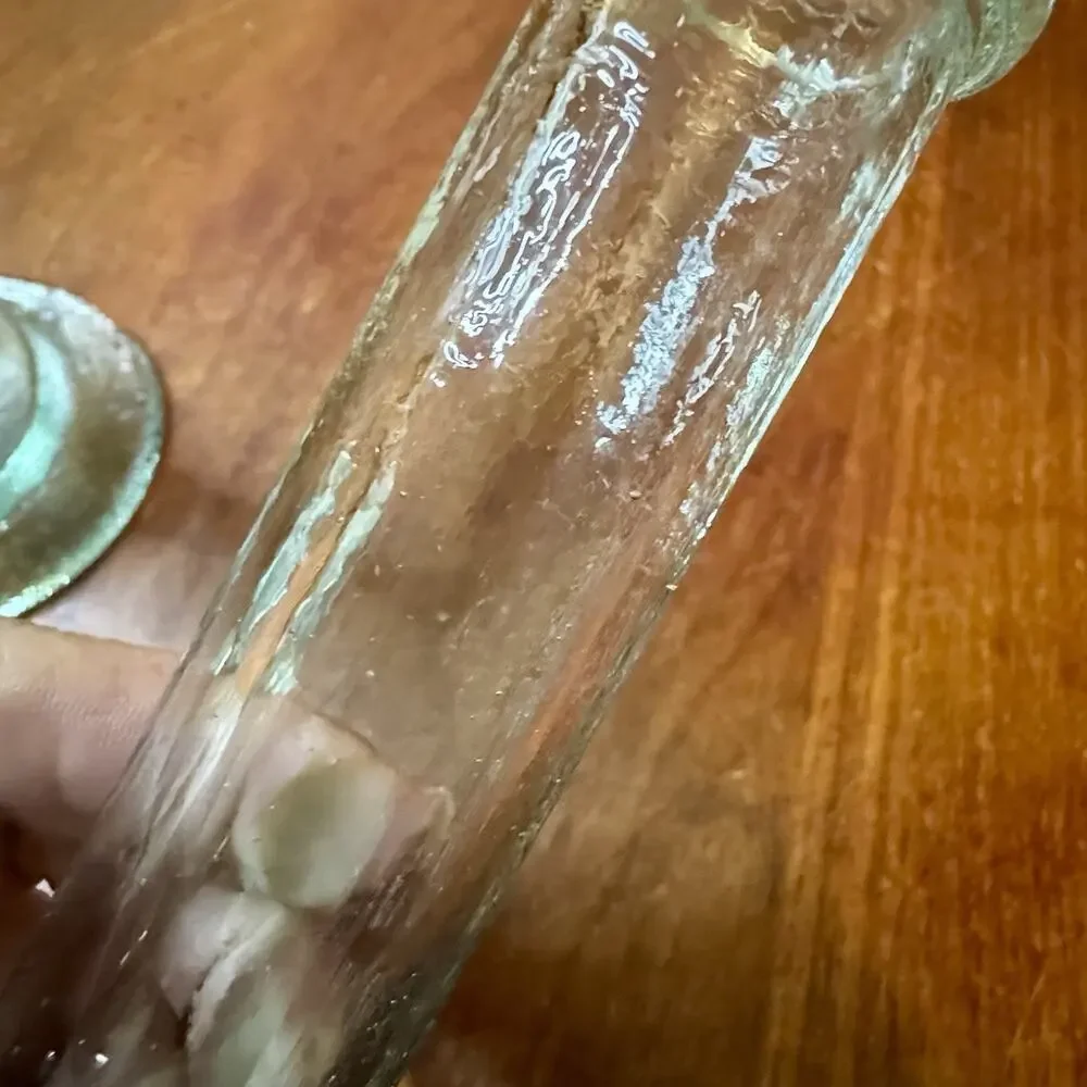 Pair Antique Hand Blown Glass Taper Candlesticks Aqua Green Pontil 8”
